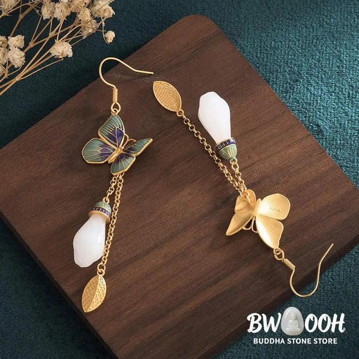 Buddha Stones FengShui White Jade Fortune Earrings - White Jade - Earrings