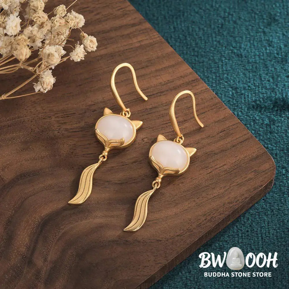 Buddha Stones FengShui White Jade Fox Fortune Earrings - White Jade - Earrings