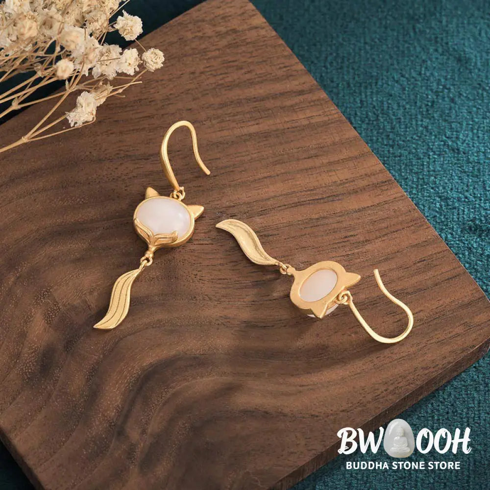 Buddha Stones FengShui White Jade Fox Fortune Earrings - White Jade - Earrings