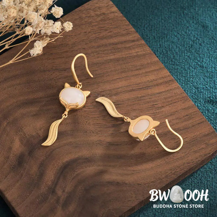Buddha Stones FengShui White Jade Fox Fortune Earrings - White Jade - Earrings
