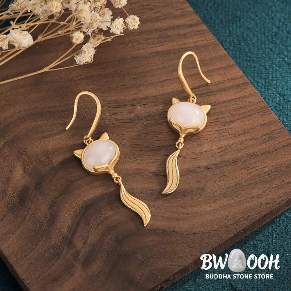 Buddha Stones FengShui White Jade Fox Fortune Earrings - White Jade - Earrings