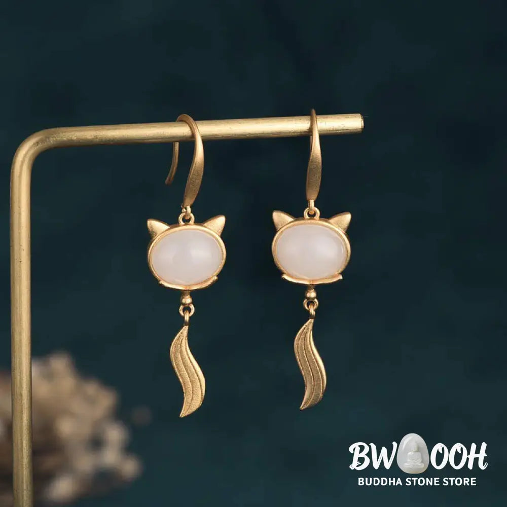 Buddha Stones FengShui White Jade Fox Fortune Earrings - White Jade - Earrings