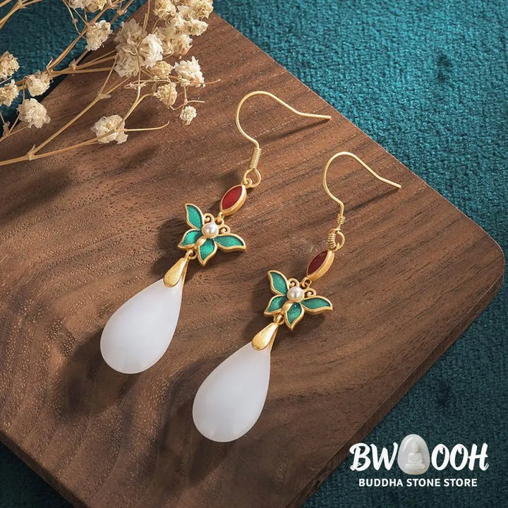 Buddha Stones FengShui White Jade Luck Drop Earrings - Earrings