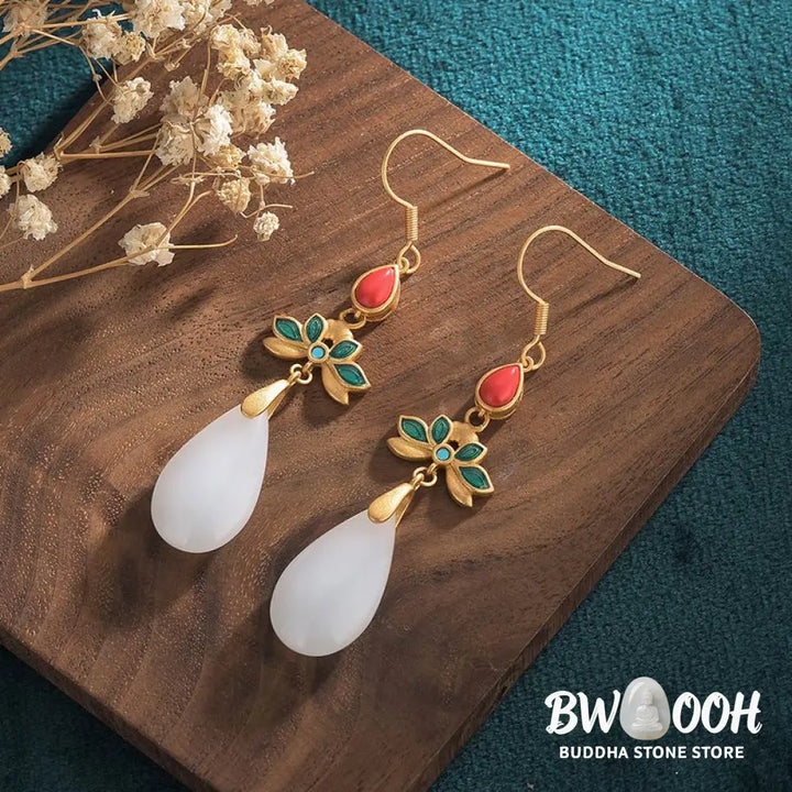 Buddha Stones FengShui White Jade Luck Drop Earrings - Earrings