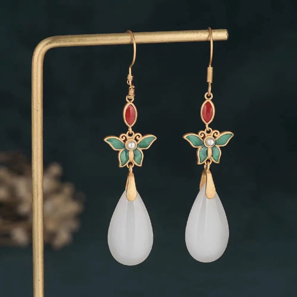 Buddha Stones FengShui White Jade Luck Drop Earrings - 2 - Earrings