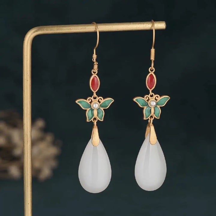Buddha Stones FengShui White Jade Luck Drop Earrings - 2 - Earrings