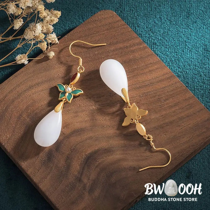 Buddha Stones FengShui White Jade Luck Drop Earrings - Earrings