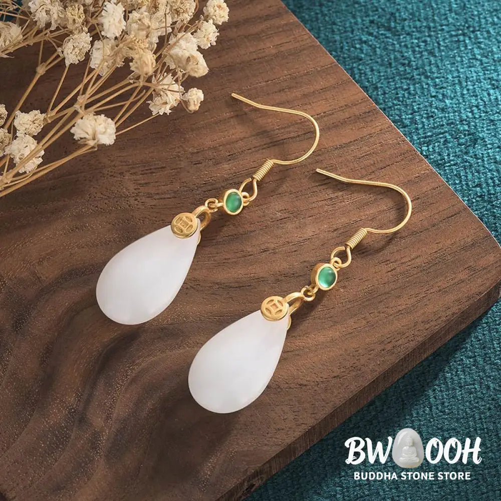 Buddha Stones FengShui White Jade Luck Drop Earrings - Earrings