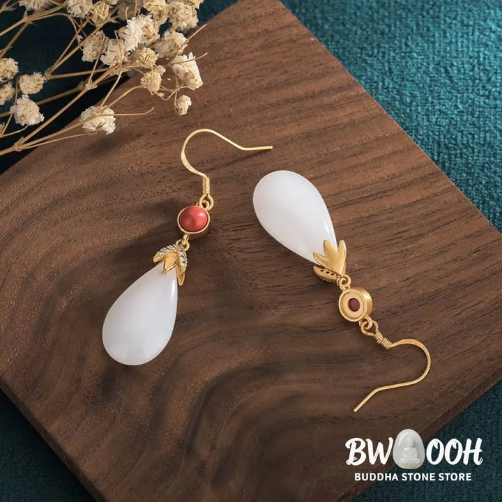 Buddha Stones FengShui White Jade Luck Drop Earrings - Earrings