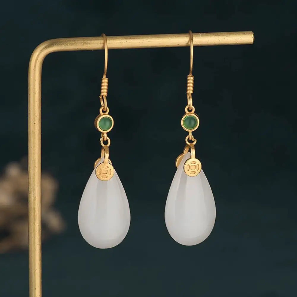 Buddha Stones FengShui White Jade Luck Drop Earrings - 5 - Earrings