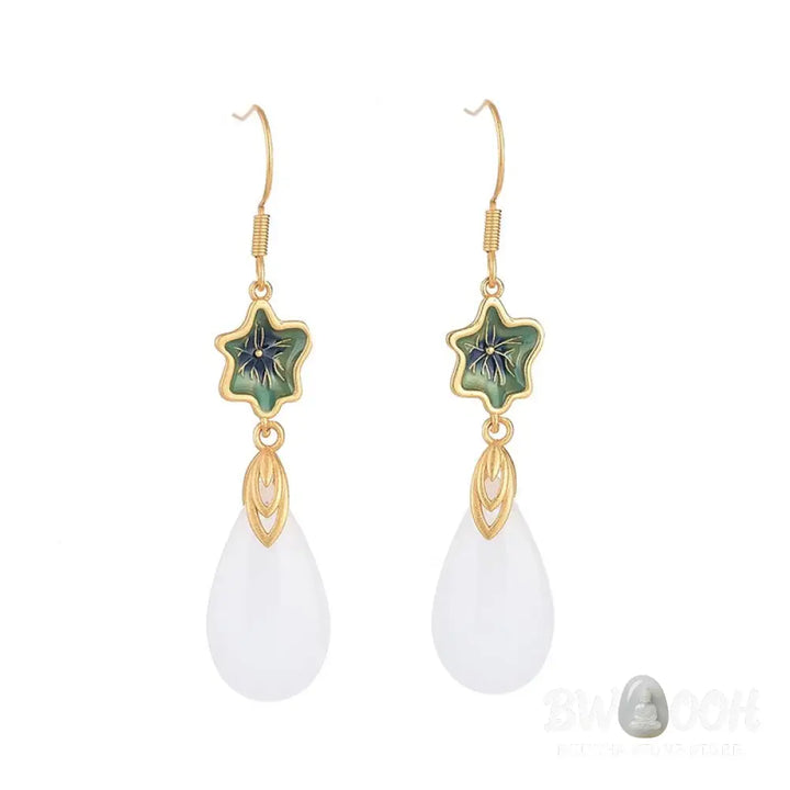Buddha Stones FengShui White Jade Luck Drop Earrings - Earrings