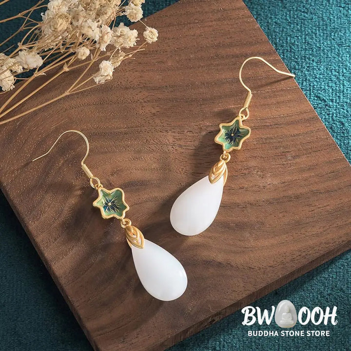 Buddha Stones FengShui White Jade Luck Drop Earrings - Earrings