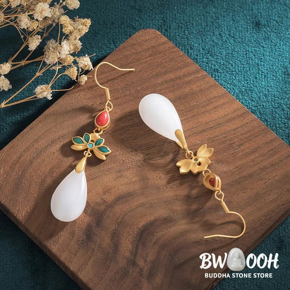 Buddha Stones FengShui White Jade Luck Drop Earrings - Earrings