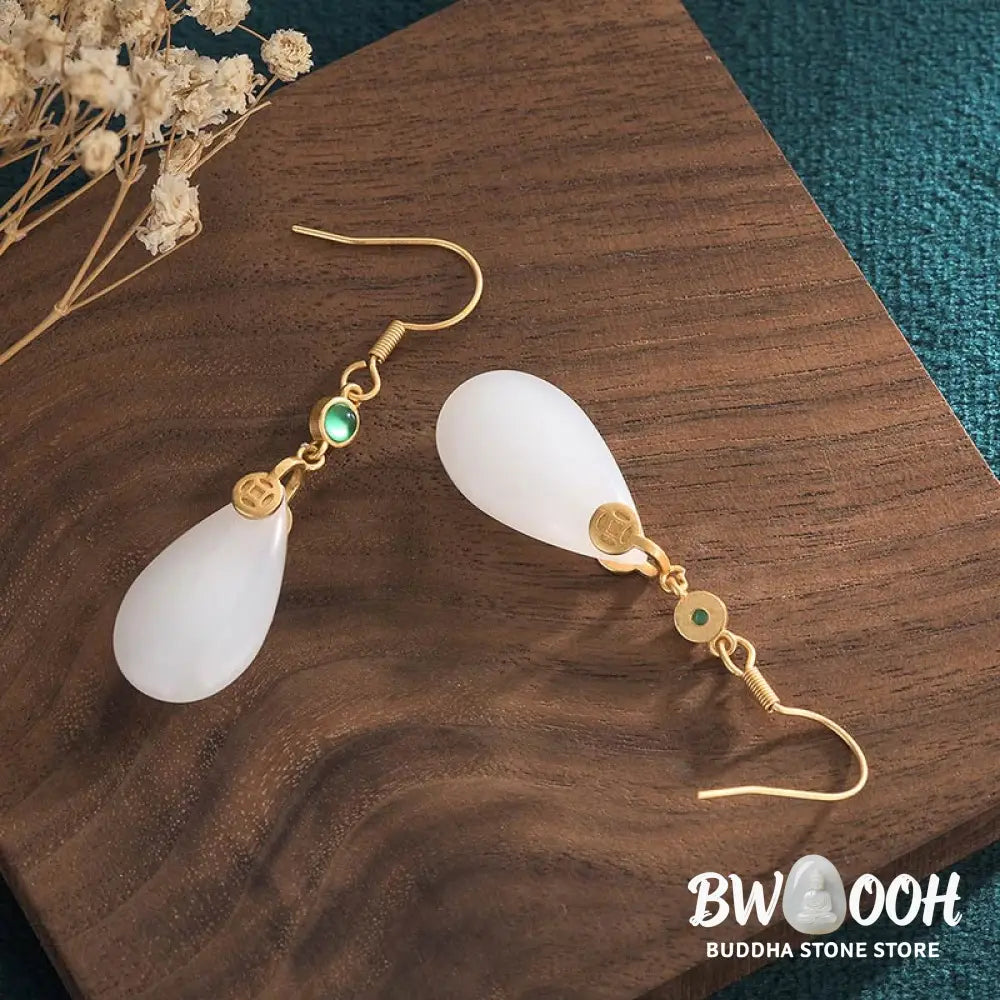 Buddha Stones FengShui White Jade Luck Drop Earrings - Earrings