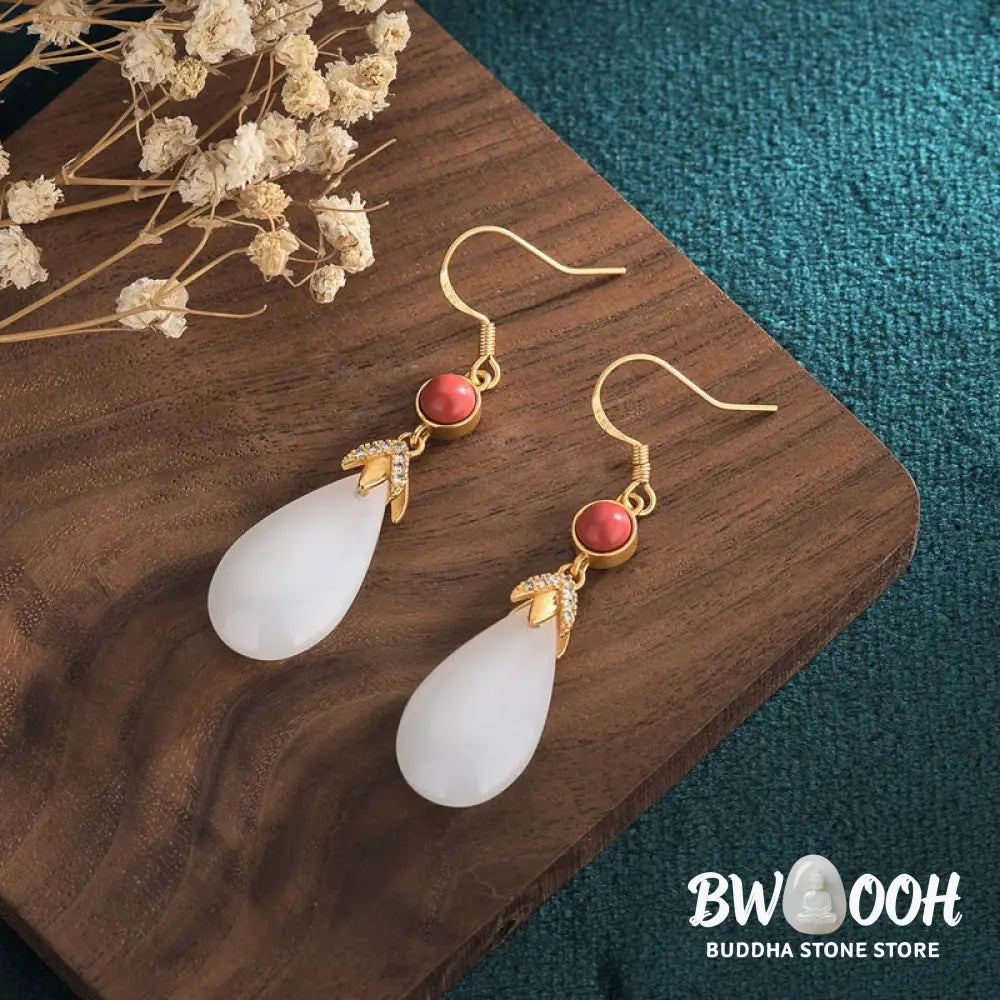 Buddha Stones FengShui White Jade Luck Drop Earrings - Earrings