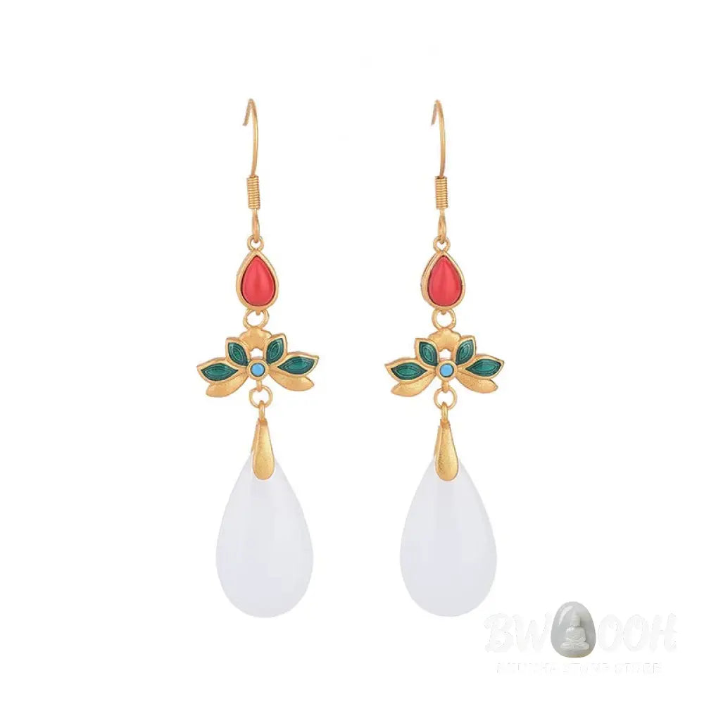 Buddha Stones FengShui White Jade Luck Drop Earrings - Earrings