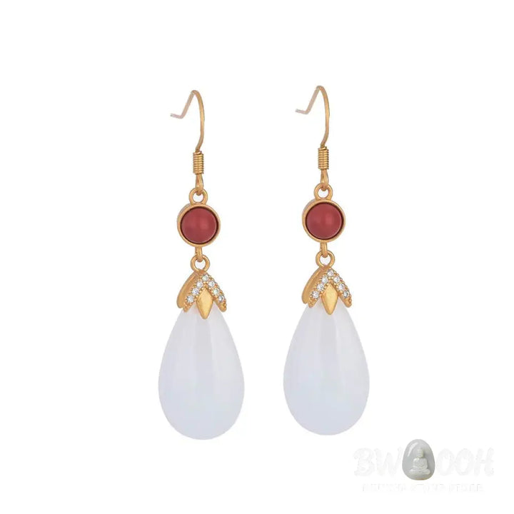 Buddha Stones FengShui White Jade Luck Drop Earrings - Earrings