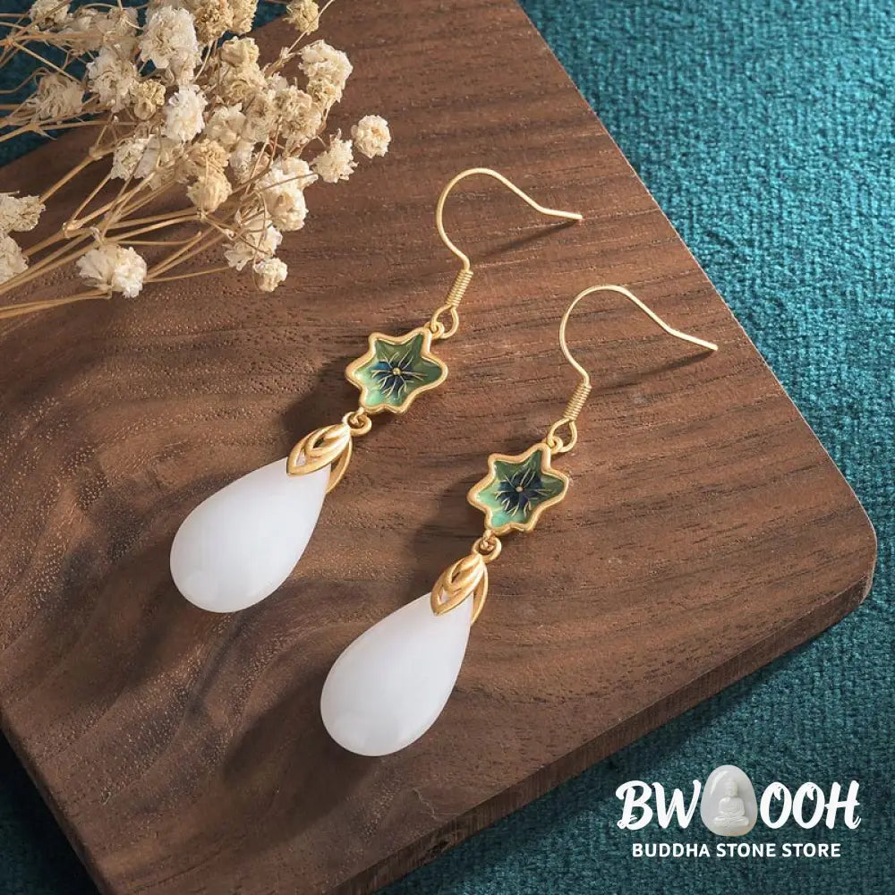 Buddha Stones FengShui White Jade Luck Drop Earrings - Earrings