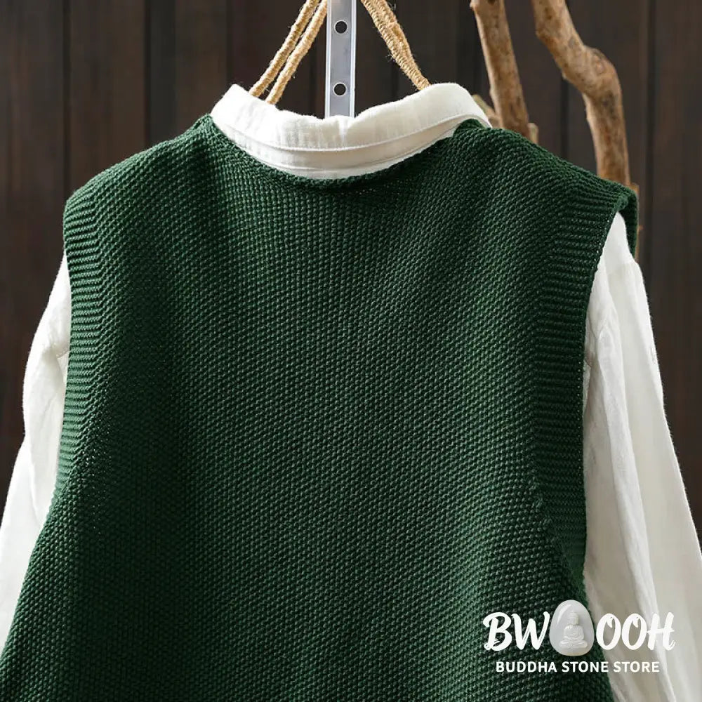 Buddha Stones Figure Rabbit Tree Embroidery Buttons Women’s Sleeveless Cotton Knitted Vest Waistcoat - Women’s Waistcoat