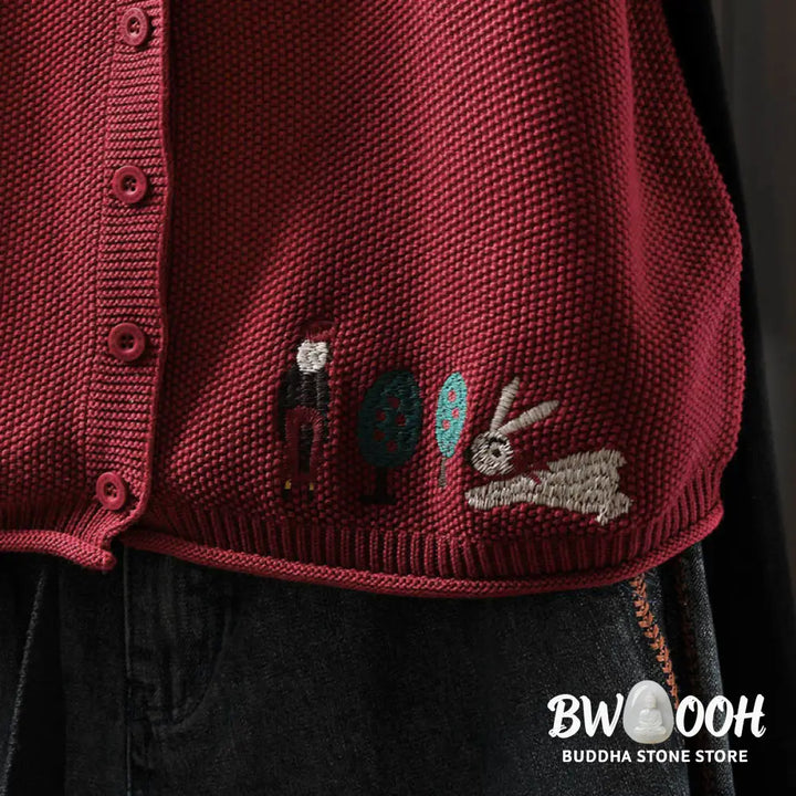 Buddha Stones Figure Rabbit Tree Embroidery Buttons Women’s Sleeveless Cotton Knitted Vest Waistcoat - Women’s Waistcoat
