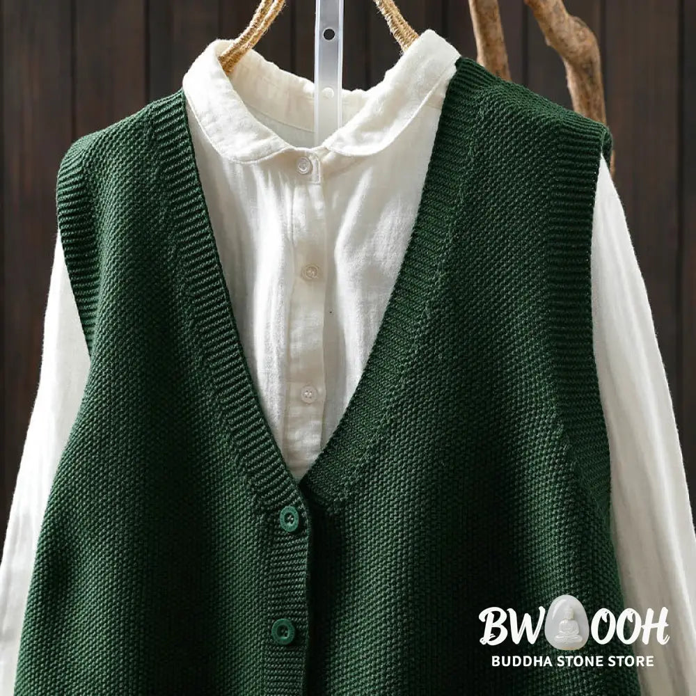 Buddha Stones Figure Rabbit Tree Embroidery Buttons Women’s Sleeveless Cotton Knitted Vest Waistcoat - Women’s Waistcoat