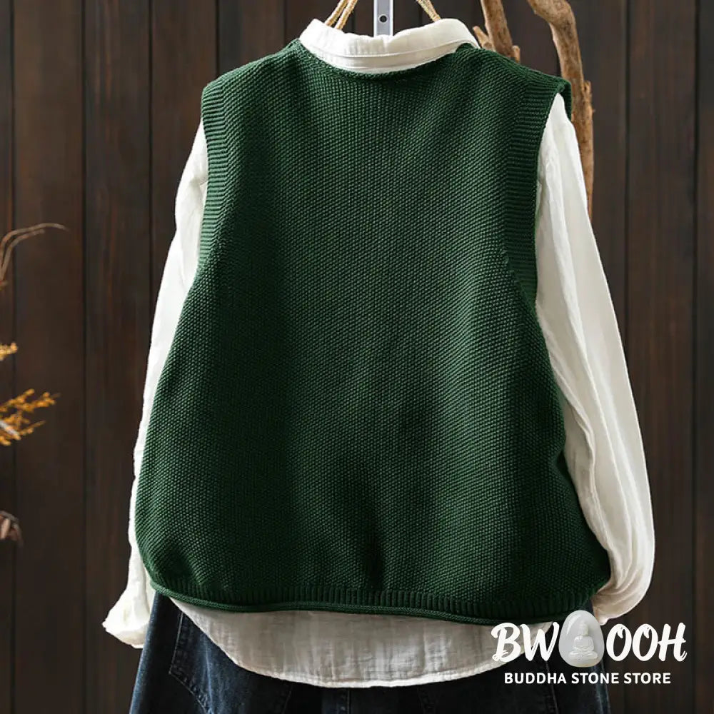 Buddha Stones Figure Rabbit Tree Embroidery Buttons Women’s Sleeveless Cotton Knitted Vest Waistcoat - Women’s Waistcoat