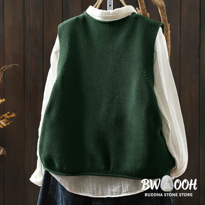 Buddha Stones Figure Rabbit Tree Embroidery Buttons Women’s Sleeveless Cotton Knitted Vest Waistcoat - Women’s Waistcoat
