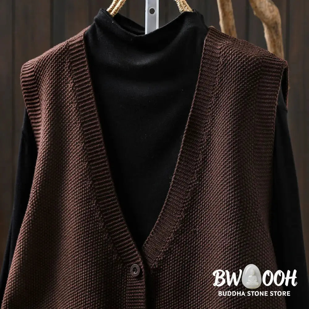 Buddha Stones Figure Rabbit Tree Embroidery Buttons Women’s Sleeveless Cotton Knitted Vest Waistcoat - Women’s Waistcoat