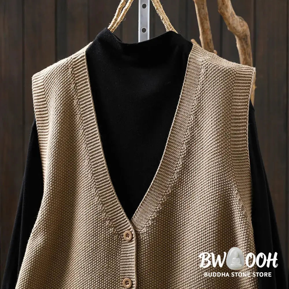 Buddha Stones Figure Rabbit Tree Embroidery Buttons Women’s Sleeveless Cotton Knitted Vest Waistcoat - Women’s Waistcoat