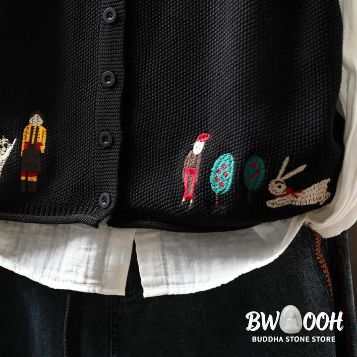 Buddha Stones Figure Rabbit Tree Embroidery Buttons Women’s Sleeveless Cotton Knitted Vest Waistcoat - Women’s Waistcoat