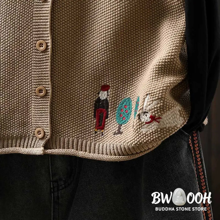 Buddha Stones Figure Rabbit Tree Embroidery Buttons Women’s Sleeveless Cotton Knitted Vest Waistcoat - Women’s Waistcoat