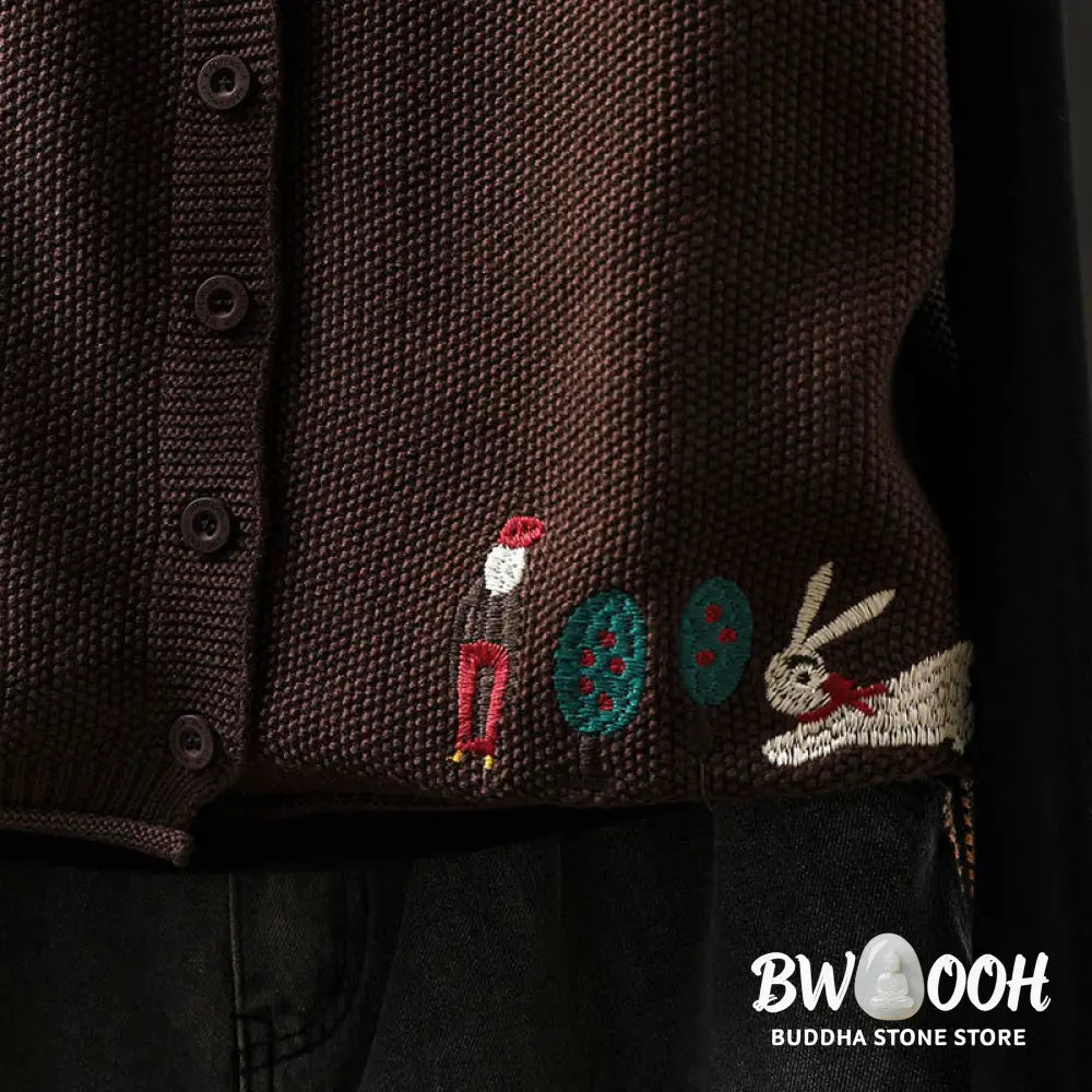 Buddha Stones Figure Rabbit Tree Embroidery Buttons Women’s Sleeveless Cotton Knitted Vest Waistcoat - Women’s Waistcoat