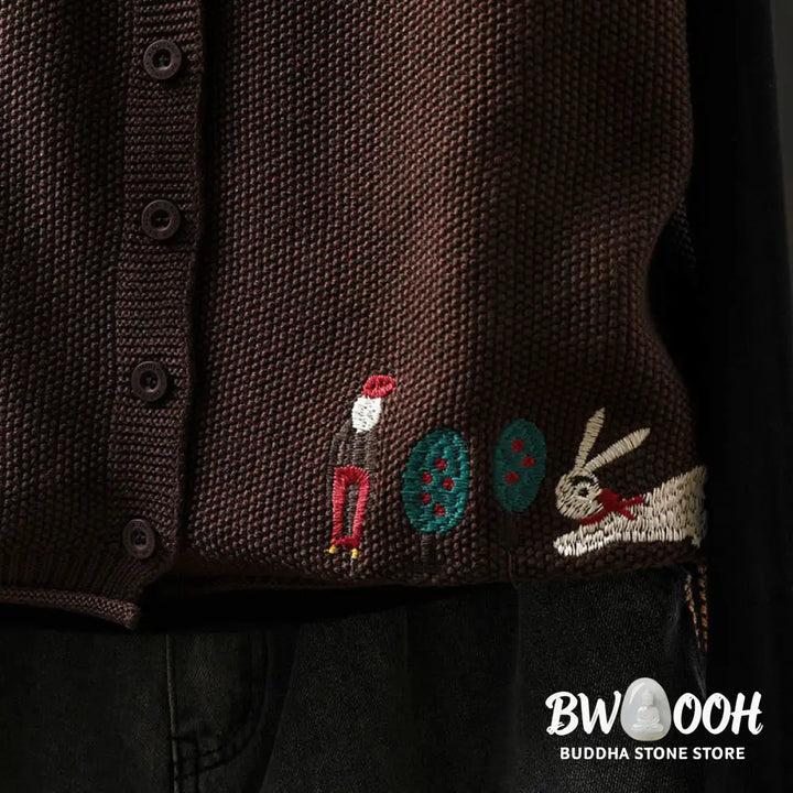 Buddha Stones Figure Rabbit Tree Embroidery Buttons Women’s Sleeveless Cotton Knitted Vest Waistcoat - Women’s Waistcoat
