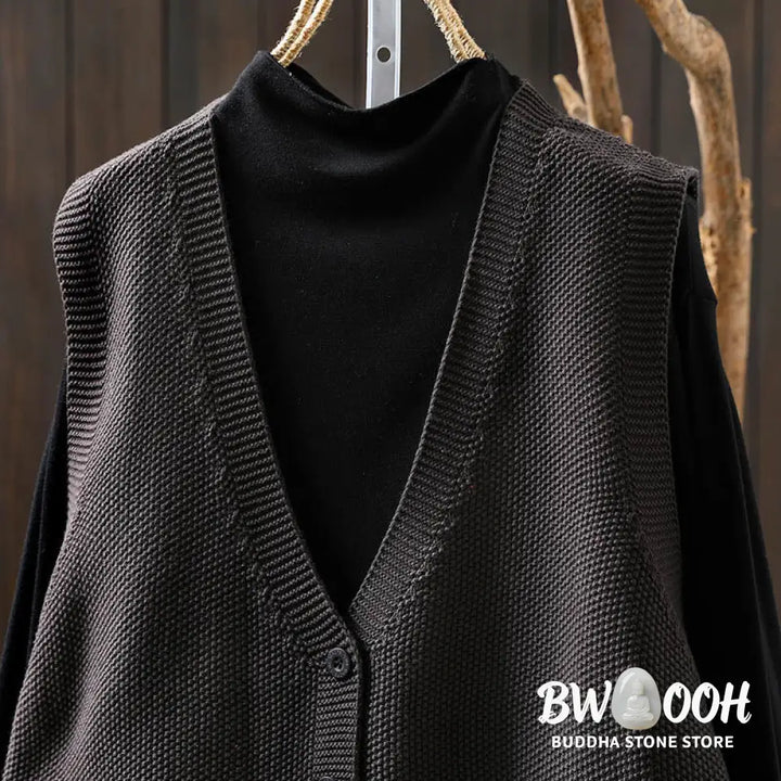 Buddha Stones Figure Rabbit Tree Embroidery Buttons Women’s Sleeveless Cotton Knitted Vest Waistcoat - Women’s Waistcoat