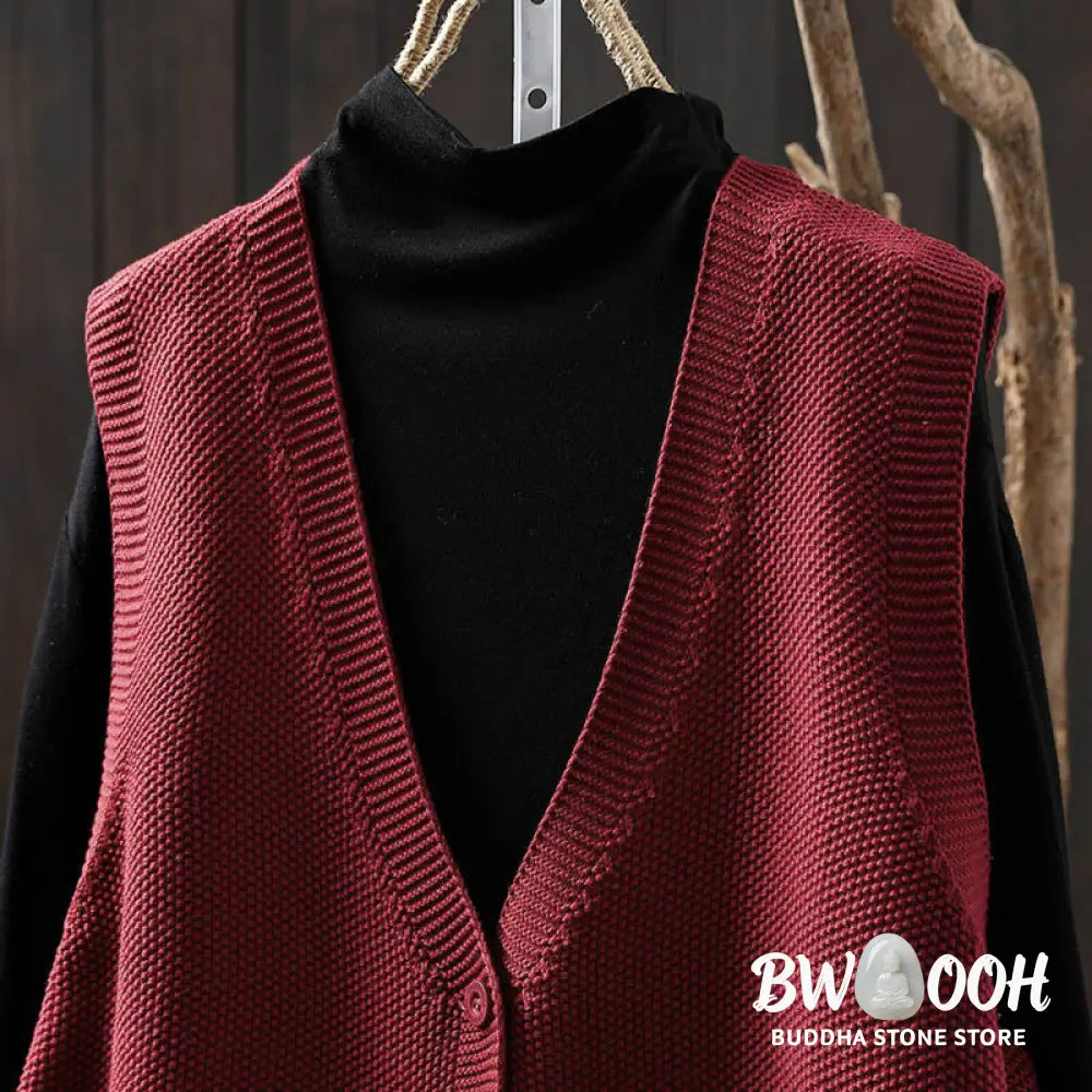 Buddha Stones Figure Rabbit Tree Embroidery Buttons Women’s Sleeveless Cotton Knitted Vest Waistcoat - Women’s Waistcoat