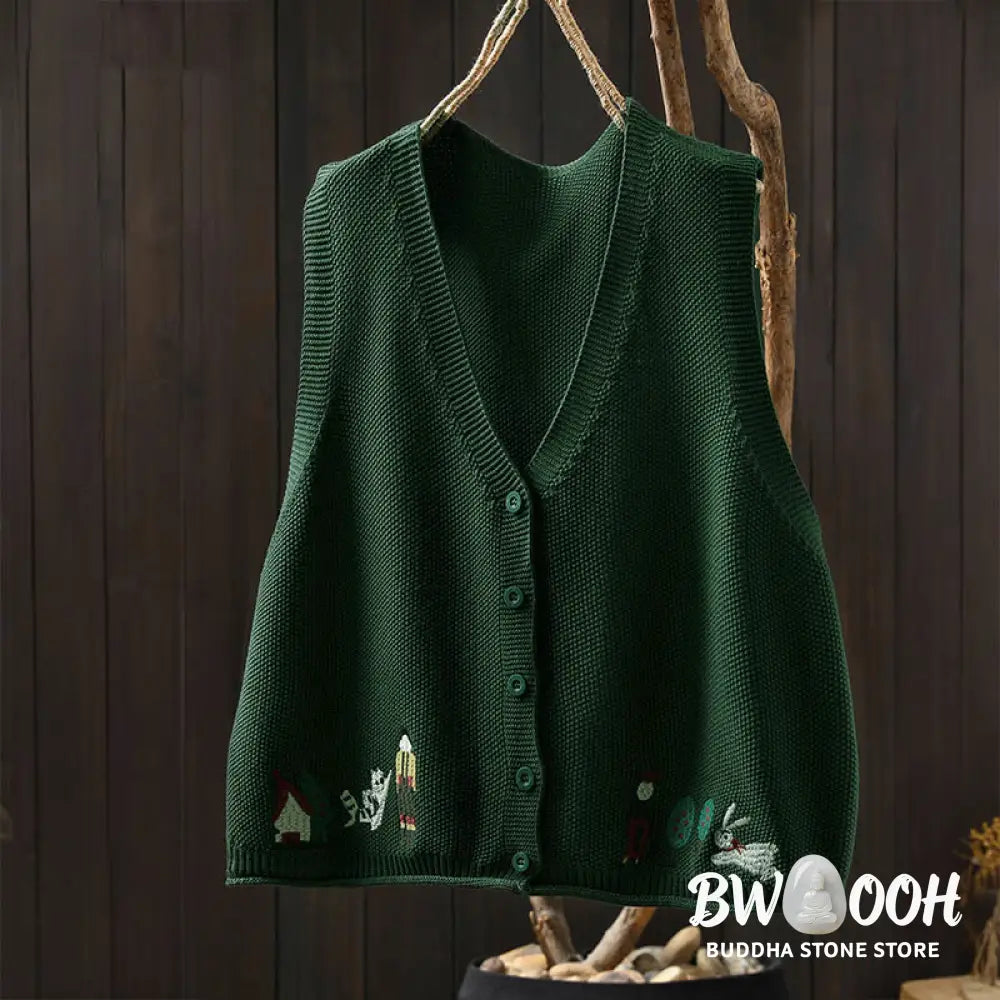 Buddha Stones Figure Rabbit Tree Embroidery Buttons Women’s Sleeveless Cotton Knitted Vest Waistcoat - Women’s Waistcoat