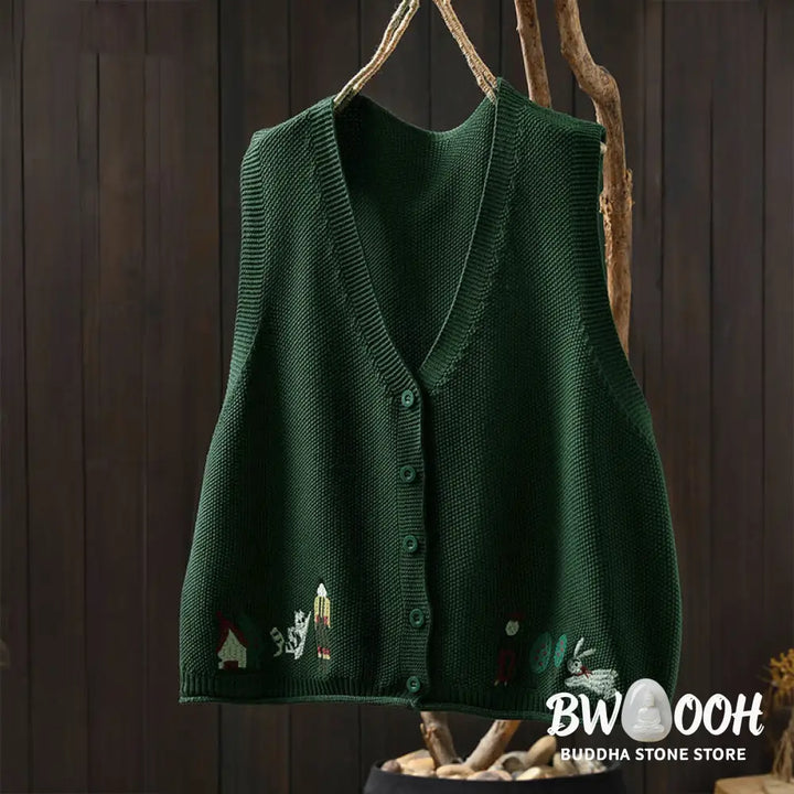 Buddha Stones Figure Rabbit Tree Embroidery Buttons Women’s Sleeveless Cotton Knitted Vest Waistcoat - Women’s Waistcoat
