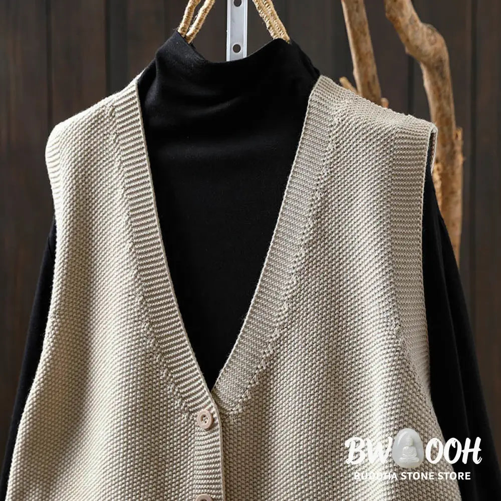 Buddha Stones Figure Rabbit Tree Embroidery Buttons Women’s Sleeveless Cotton Knitted Vest Waistcoat - Women’s Waistcoat
