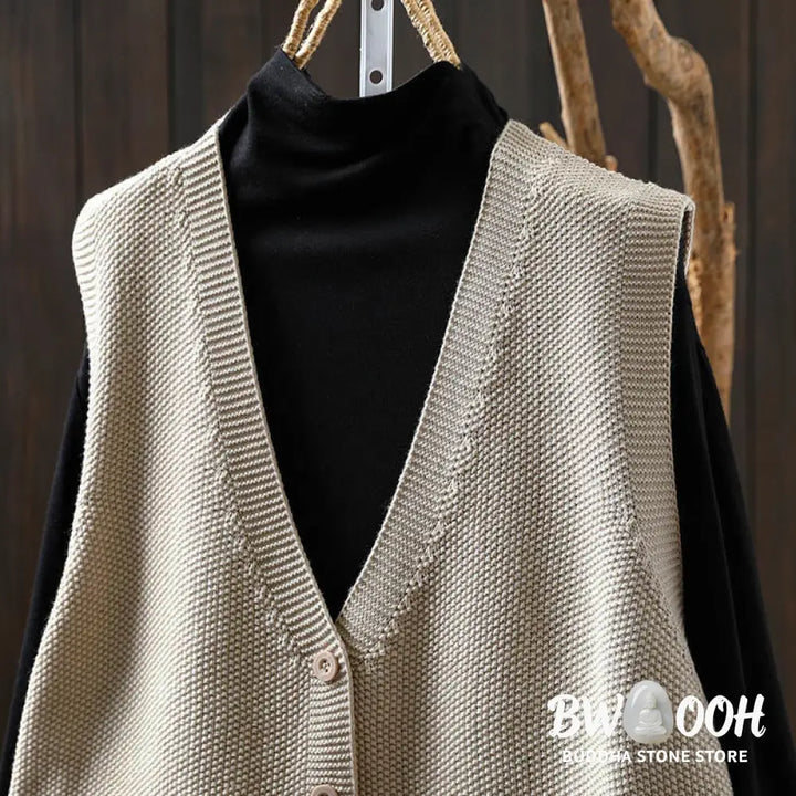 Buddha Stones Figure Rabbit Tree Embroidery Buttons Women’s Sleeveless Cotton Knitted Vest Waistcoat - Women’s Waistcoat