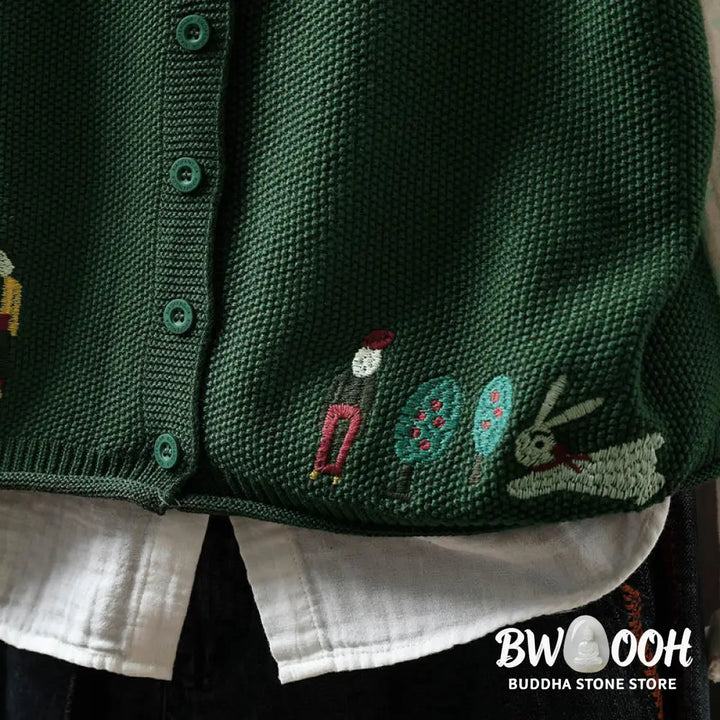 Buddha Stones Figure Rabbit Tree Embroidery Buttons Women’s Sleeveless Cotton Knitted Vest Waistcoat - Women’s Waistcoat