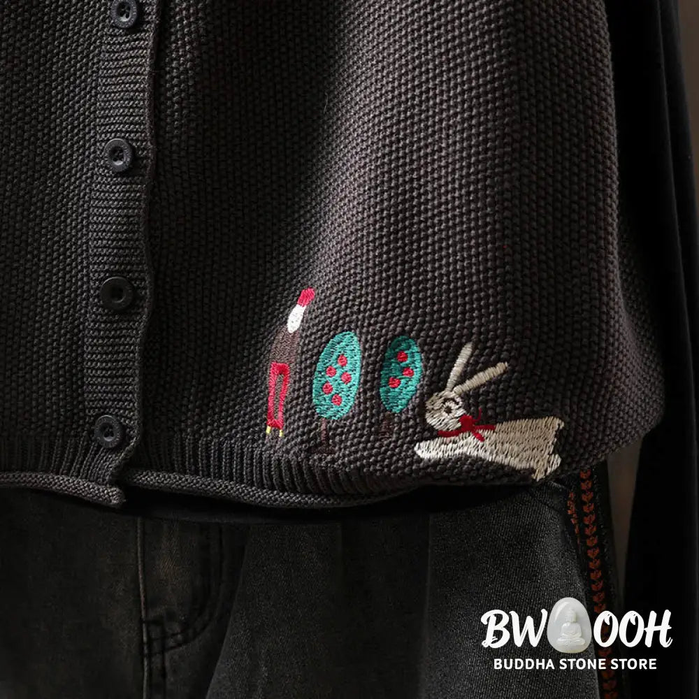 Buddha Stones Figure Rabbit Tree Embroidery Buttons Women’s Sleeveless Cotton Knitted Vest Waistcoat - Women’s Waistcoat