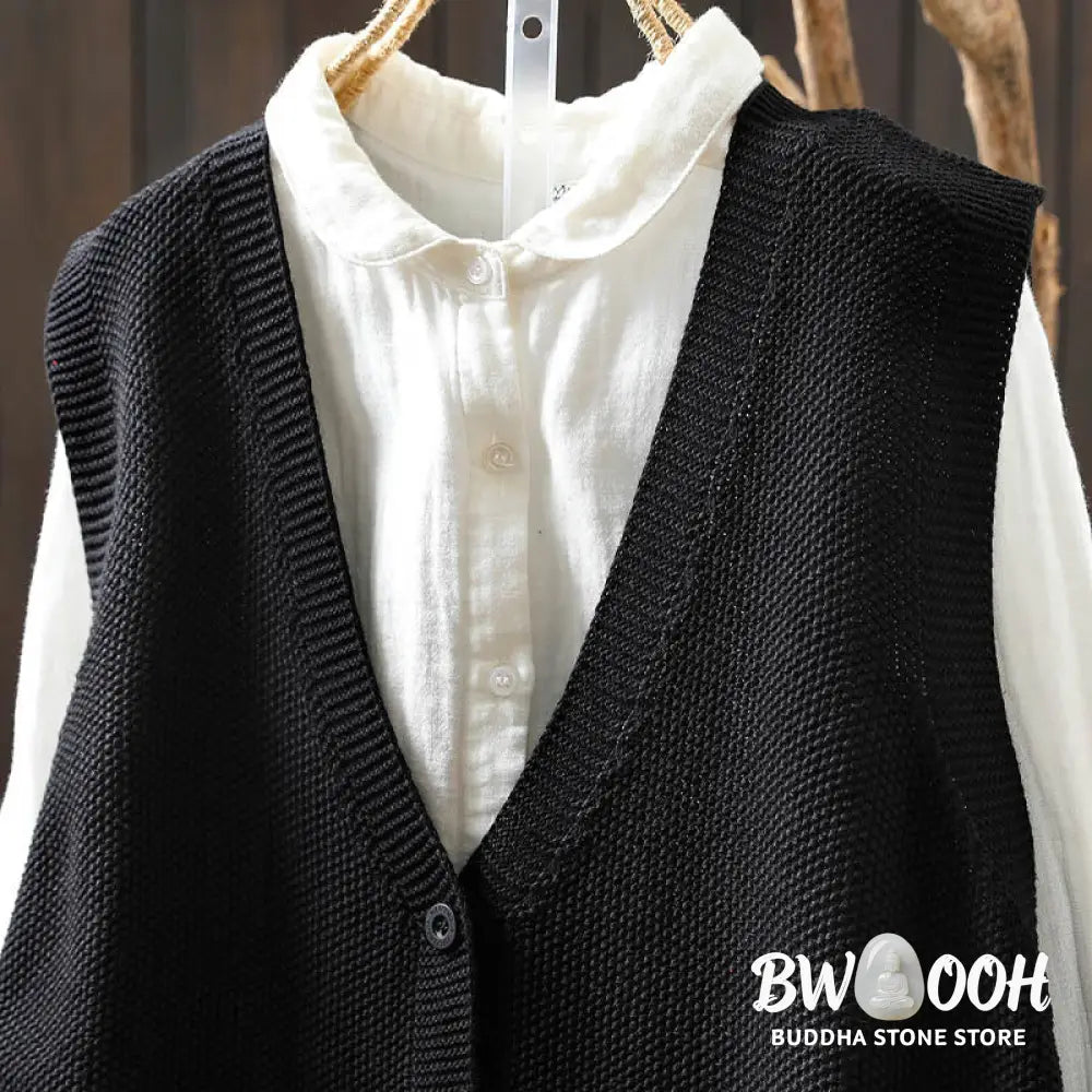 Buddha Stones Figure Rabbit Tree Embroidery Buttons Women’s Sleeveless Cotton Knitted Vest Waistcoat - Women’s Waistcoat