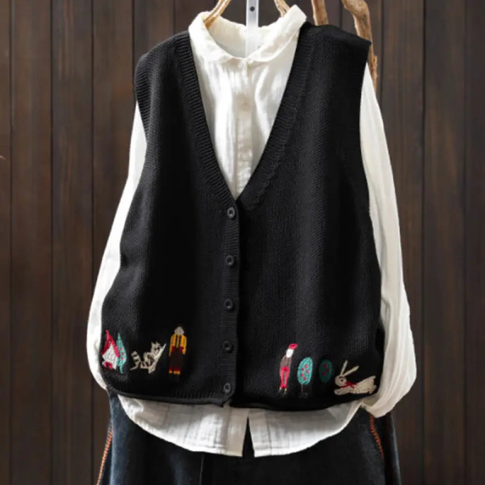 Buddha Stones Figure Rabbit Tree Embroidery Buttons Women’s Sleeveless Cotton Knitted Vest Waistcoat - Black