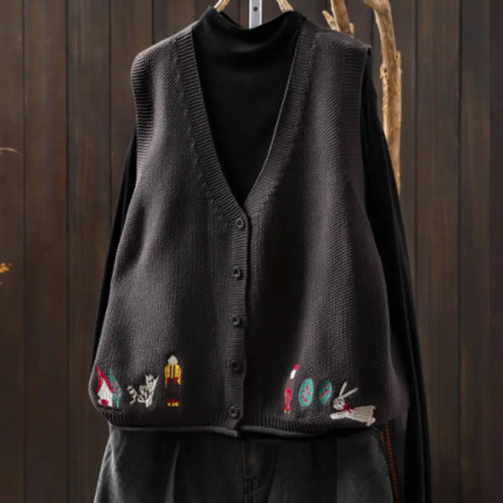 Buddha Stones Figure Rabbit Tree Embroidery Buttons Women’s Sleeveless Cotton Knitted Vest Waistcoat - Gray