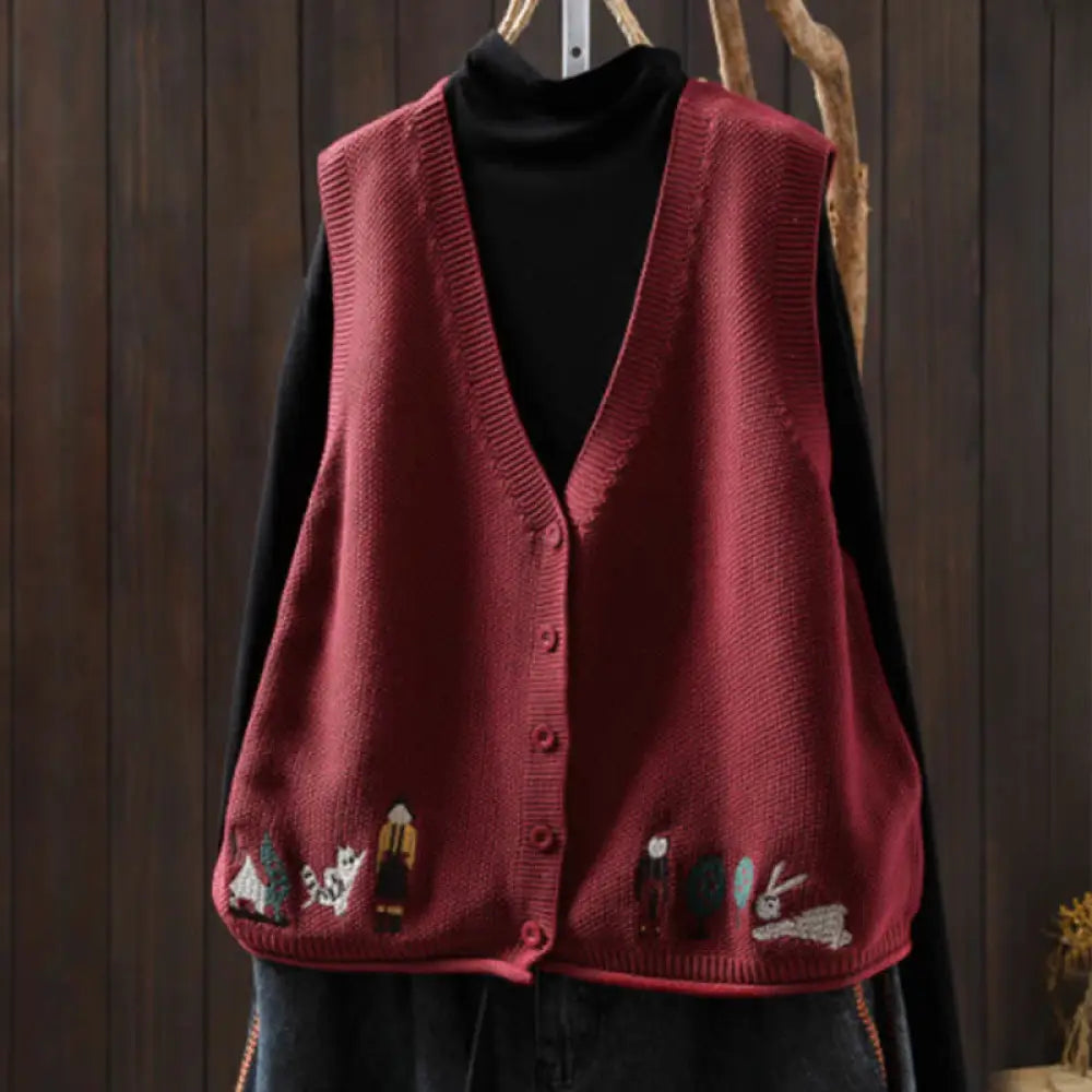 Buddha Stones Figure Rabbit Tree Embroidery Buttons Women’s Sleeveless Cotton Knitted Vest Waistcoat - Red