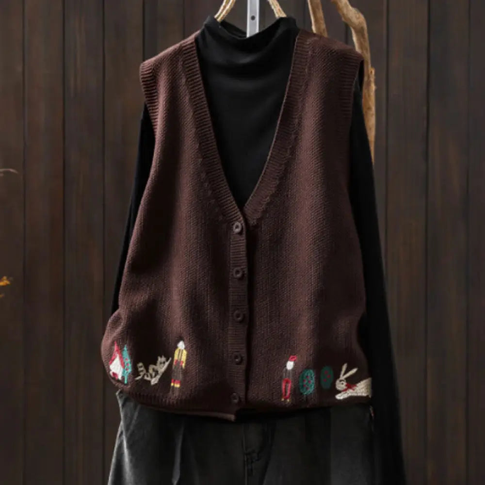 Buddha Stones Figure Rabbit Tree Embroidery Buttons Women’s Sleeveless Cotton Knitted Vest Waistcoat - SaddleBrown