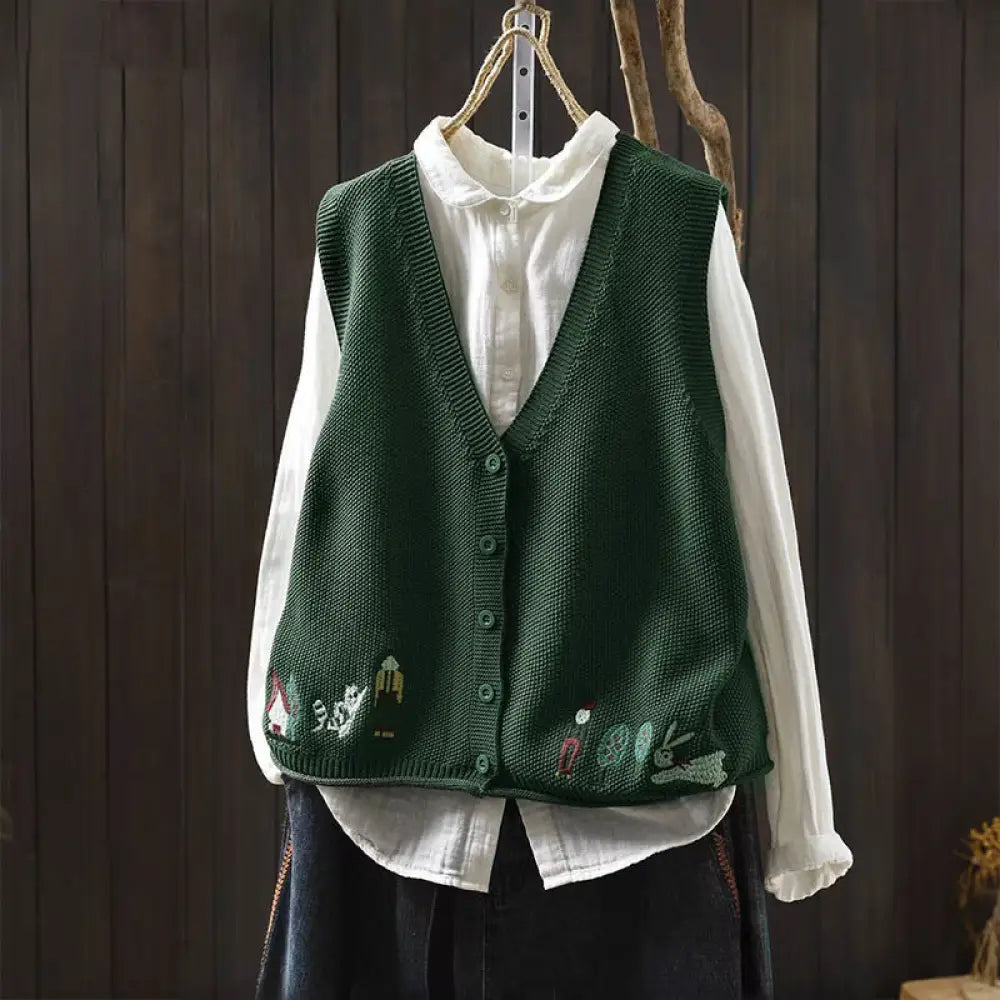 Buddha Stones Figure Rabbit Tree Embroidery Buttons Women’s Sleeveless Cotton Knitted Vest Waistcoat - SeaGreen