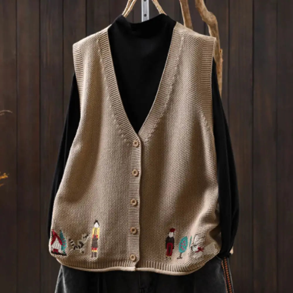 Buddha Stones Figure Rabbit Tree Embroidery Buttons Women’s Sleeveless Cotton Knitted Vest Waistcoat - Tan