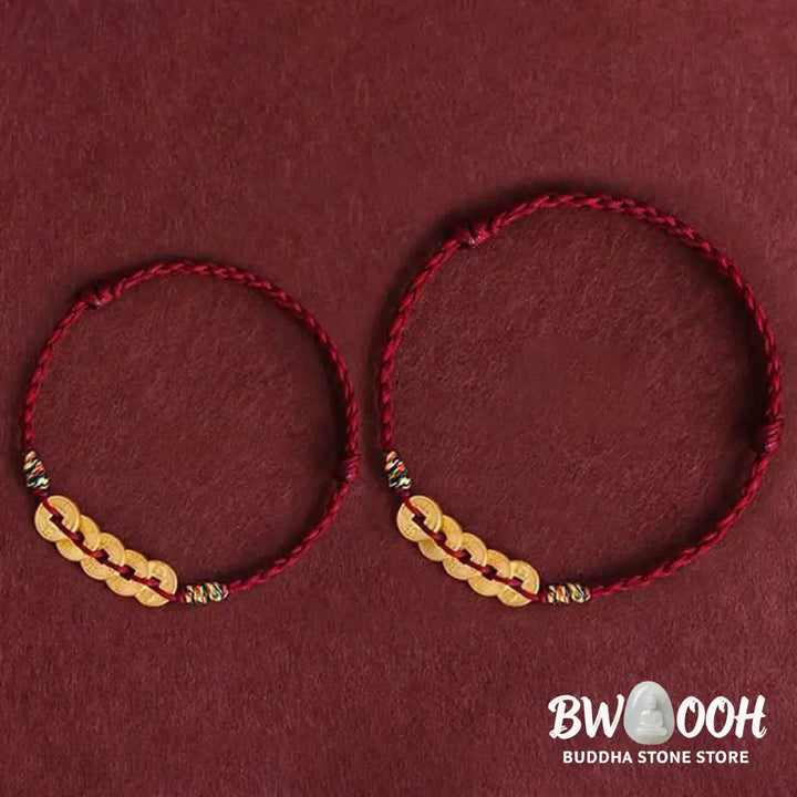 Buddha Stones Five Copper Coins Design Braided String Protection Bracelet Anklet - Bracelet Anklet