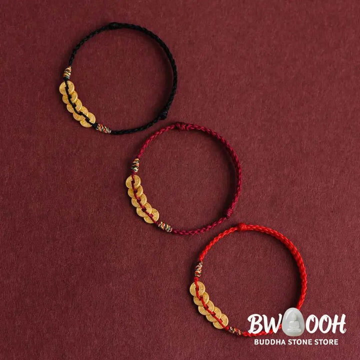 Buddha Stones Five Copper Coins Design Braided String Protection Bracelet Anklet - Bracelet Anklet